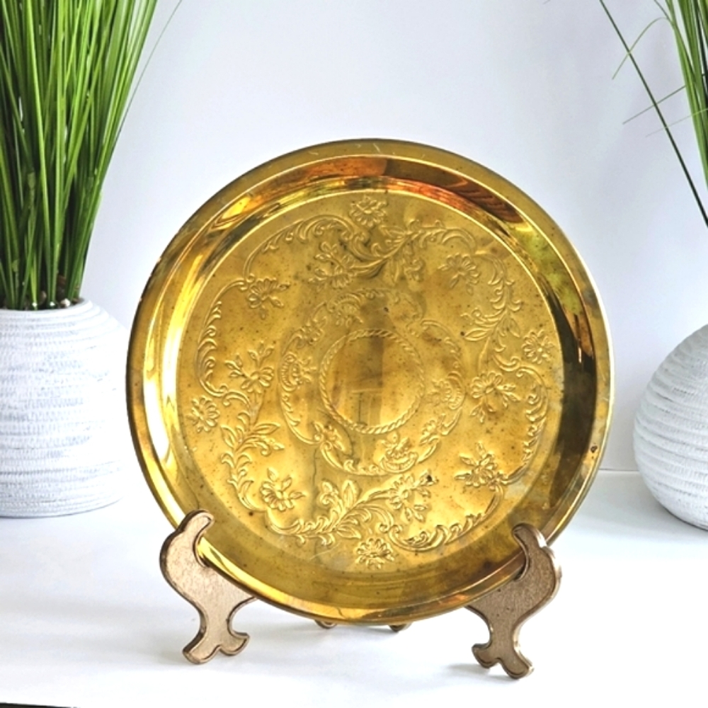Vtg Princess Golden Brass Tray Floral Etched Collectible Polished Platter 12"